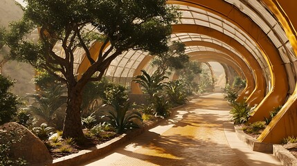 Fototapeta premium Serene walkway inside botanical garden with lush greenery and architectural glass tunnel structure
