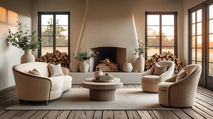 Minimalist Country-Style Living Room with Elegant Beige Boucle Furniture's