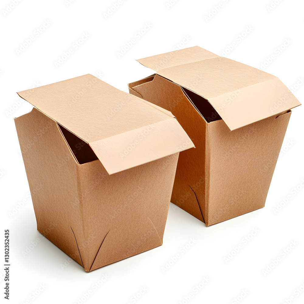 Poster close-up of two empty cardboard containers on white background, ideal for showcasing packaging desig
