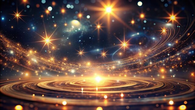 Dark space with swirling loopy lights and stars in a blurred background, cosmic art, abstract bokeh lights stars looped background