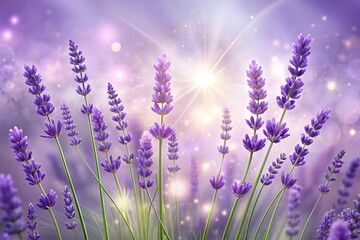 Naklejka premium Field of purple lavender flowers with the sun shining on them
