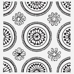 Seamless floral pattern with one line flowers. Vector hand drawn illustration.
