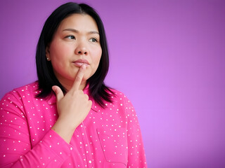 Fototapeta premium Black-Haired Woman Thinking Against a Purple Background 