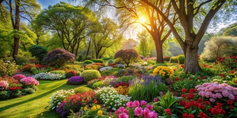 Fototapeta premium Vibrant garden bursting with colorful flowers and lush greenery amidst warm sunlight, surrounded by towering trees and blooming shrubs , tree branches, serene environment