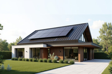 Fototapeta premium A Modern Sustainable house with sleek solar panels integrated into a flat roof, framed by minimalist landscaping.