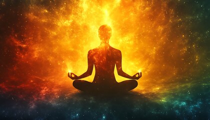 Meditating figure in lotus position, nebula background