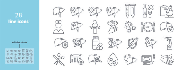Set of vector line icons related to hepatitis and liver diseases.
