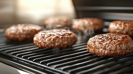 Hamburgers cooking on a grill. Close up of beef patties on a barbecue. Concept of grilling, cooking, and summer.