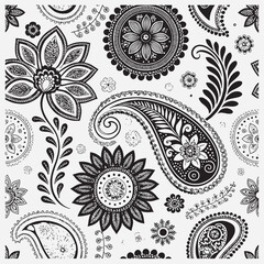 Seamless floral pattern with one line flowers. Vector hand drawn illustration.
