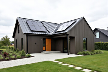 Obraz premium A Modern Sustainable house with sleek solar panels integrated into a flat roof, framed by minimalist landscaping.