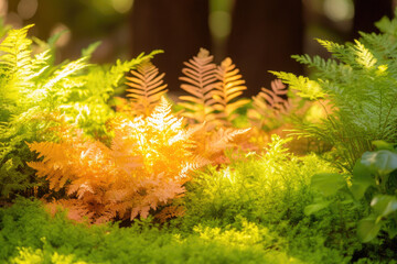 sunlit forest floor with vibrant green and orange ferns creates serene and peaceful atmosphere. sunlight filters through trees, highlighting delicate leaves and casting gentle shadows
