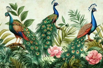 Intricate botanical art with colorful peacocks and birds amidst lush greenery, hand-painted in a classic vintage style for wallpapers.