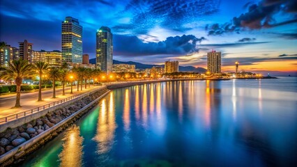 Obraz premium Barcelona Port Olympic Night Seafront Panorama - Stunning Cityscape Views