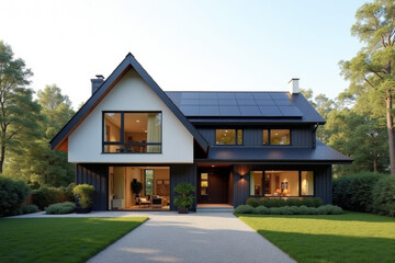 A Modern Sustainable house with sleek solar panels integrated into a flat roof, framed by minimalist landscaping.