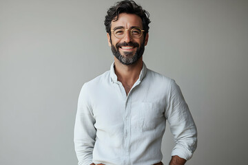 Fototapeta premium Confident man with beard and glasses smiling against grey background