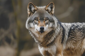 Fototapeta premium full-body photo of a wolf, with gray fur and black eyes, standing in the wilderness. It has sharp teeth and claws on its paws