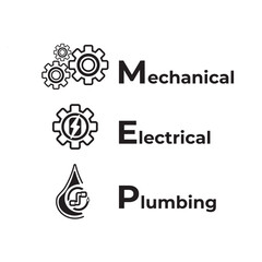 MEP logo design representing Mechanical, Electrical, and Plumbing systems with gear, lightning bolt, and water drop icons. Ideal for engineering, construction, and infrastructure industries.