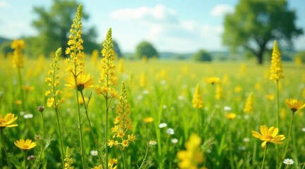 A vibrant meadow bursting with yellow wildflowers under a bright summer sky, showcasing the beauty of nature's simple elegance and the profusion of blossoms in a sun-drenched field.