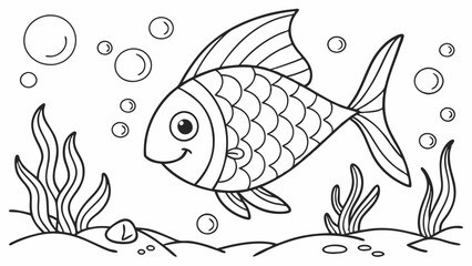 Black and white page for baby coloring book. Illustration of cute fairy-tale fish swimming underwater. Printable template for kids. Worksheet for children and adults. Hand-drawn vector image
