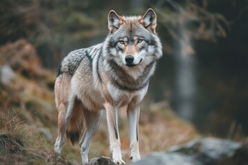 Obraz premium full-body photo of a wolf, with gray fur and black eyes, standing in the wilderness. It has sharp teeth and claws on its paws