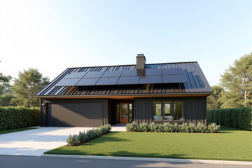 A Modern Sustainable house with sleek solar panels integrated into a flat roof, framed by minimalist landscaping.