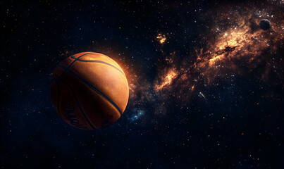 Obraz premium Cosmic Basketball, A Surreal Fusion of Sports and Space, Captivating Imagination with a Basketball Floating Amidst the Stars, Nebulae, and Distant Galaxies