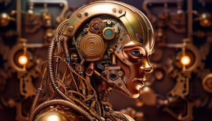 Fototapeta premium A retro-styled robot with visible gears and exposed wiring, designed in a steampunk aesthetic, featuring brass accents, intricate mechanical details, and a vintage industrial appearance. 