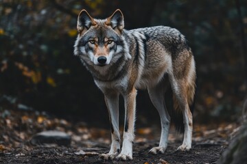 Obraz premium full-body photo of a wolf, with gray fur and black eyes, standing in the wilderness. It has sharp teeth and claws on its paws