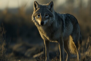 Fototapeta premium full-body photo of a wolf, with gray fur and black eyes, standing in the wilderness. It has sharp teeth and claws on its paws