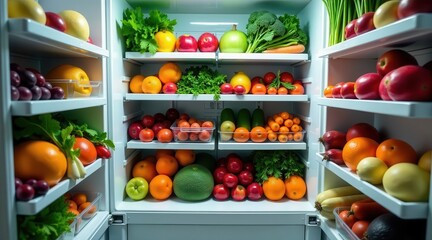 A well-stocked refrigerator showcasing a vibrant array of fresh produce, neatly organized on multiple shelves, exhibiting a healthy and balanced diet.
