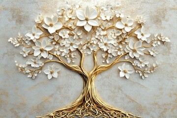 Majestic 3D golden tree of life with detailed white flowers on a smooth, artistic background for a luxurious wallpaper design.