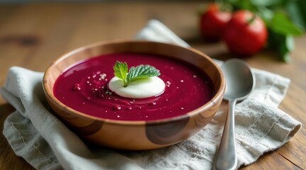Delicious Beetroot Soup with Creamy Topping and Fresh Herbs in Wooden Bowl