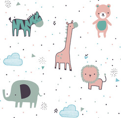 Baby animals. Hand draw illustration. seamless pattern with animals and clouds,kids print for textiles, wrapping , wallpaper etc. © Wonderla