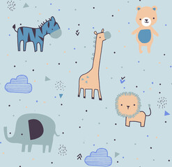 Baby animals. Hand draw illustration. seamless pattern with animals and clouds,kids print for textiles, wrapping , wallpaper etc.