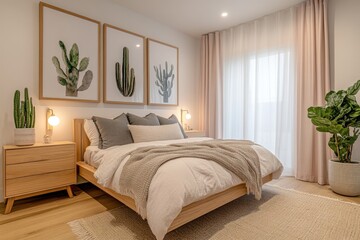 Fototapeta premium Modern bedroom with light wood furniture, neutral bedding, and cactus artwork.