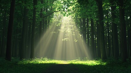 Fototapeta premium Sunlight streams through a lush green forest, illuminating the path ahead. A serene and peaceful nature scene.