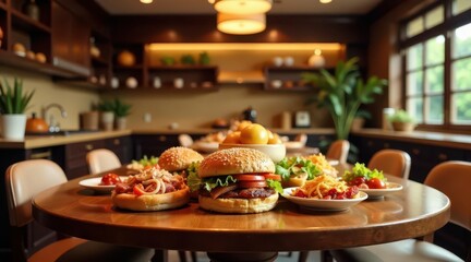 Delectable Gourmet Burgers and Appetising Side Dishes Gracefully Arranged on a Polished Wooden Table in a Warm and Inviting Kitchen Setting