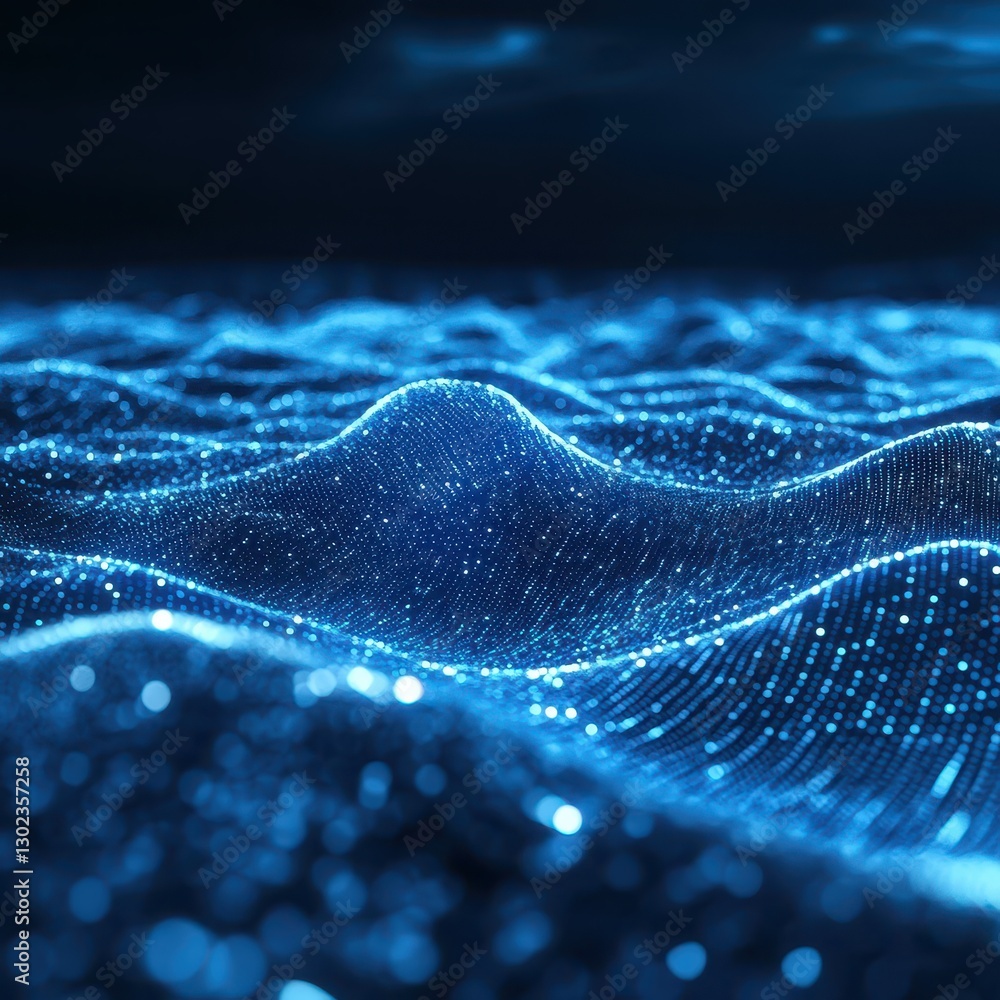 Poster abstract representation of digital waves in a glowing blue environment, highlighting texture and pat