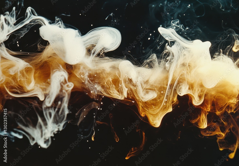 Poster abstract smoke patterns in black background featuring swirling white and orange colors creating an e