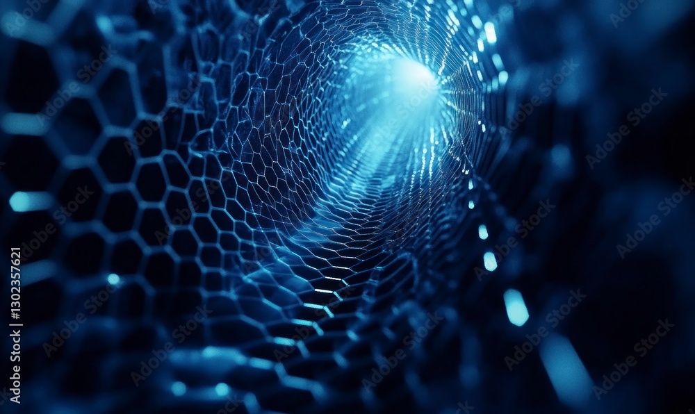 Poster abstract blue background with a hexagonal pattern and a glowing light effect, suitable for technolog