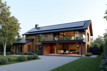 A Modern Sustainable house with sleek solar panels integrated into a flat roof, framed by minimalist landscaping.