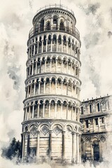 An elegant and impressive watercolor display of the Leaning Tower of Pisa. It showcases soft details and balanced composition.
