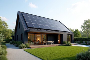A Modern Sustainable house with sleek solar panels integrated into a flat roof, framed by minimalist landscaping.
