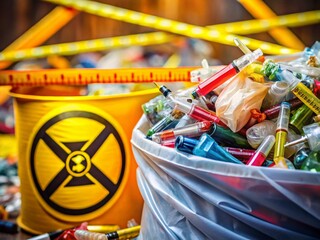Biomedical Waste Disposal Sign with Caution Tape and Contaminated Syringes