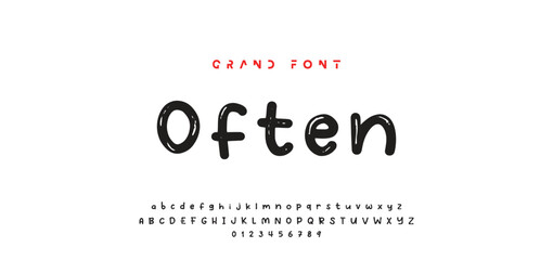 Children's bright cartoon font. ABC letters and numbers are painted creatively. Bright shiny alphabet. Cut out of paper. For birthday cards, banners, and posters. Vector