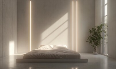 minimalist bedroom with soft lighting and neutral tones, featuring an elegant bed against a white wall with subtle LED strip lights