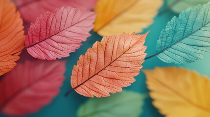 Fototapeta premium Colorful autumn leaves on a blue background. Concept of fall season, nature, and vibrant colors.