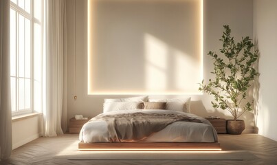 minimalist bedroom with soft lighting and neutral tones, featuring an elegant bed against a white wall with subtle LED strip lights