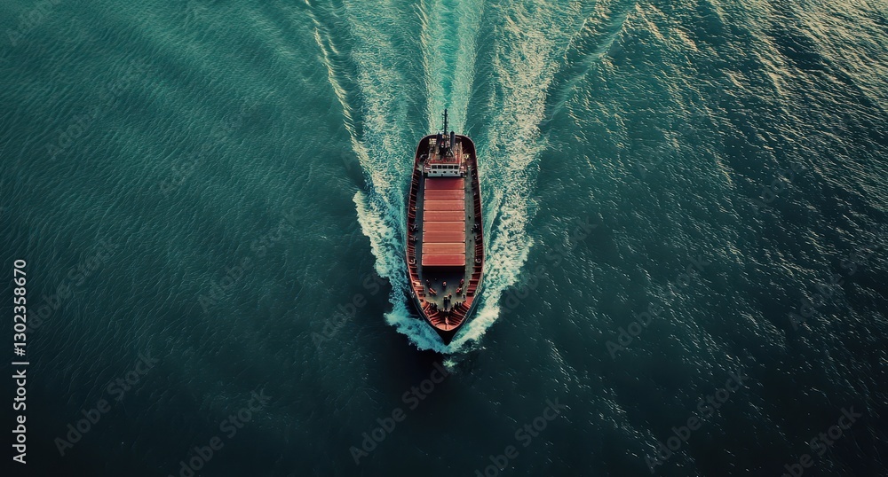 Poster aerial view of a cargo ship navigating through calm blue waters, creating rippling waves and display