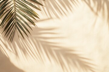 Beige sand background with palm leaf shadow, flat lay